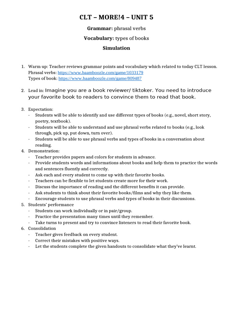 CLT Lesson Plan - More!4 - Unit 5 | PDF