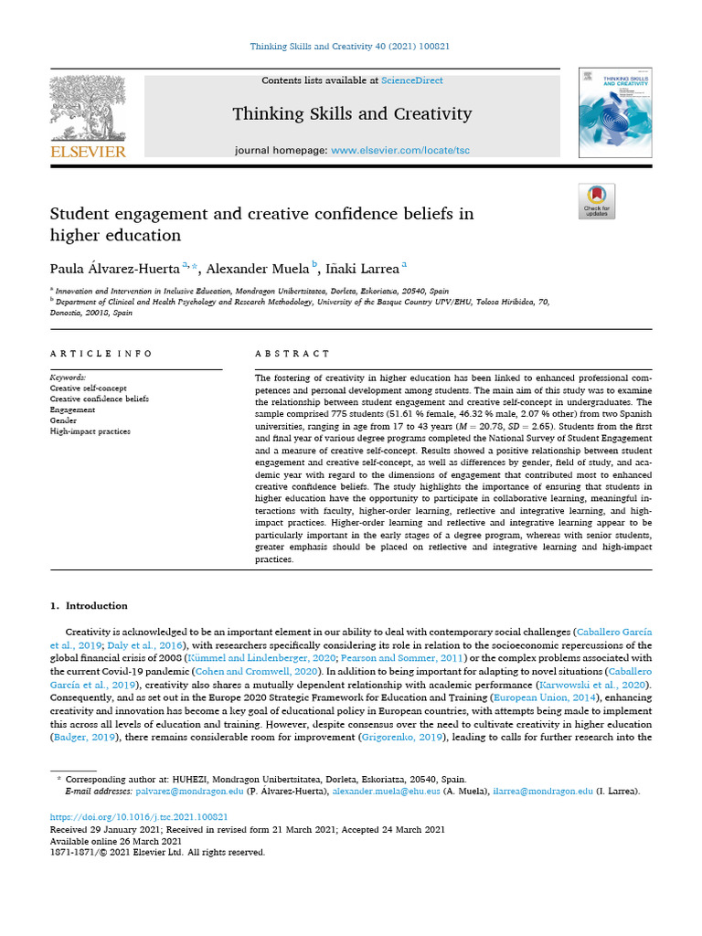 Student Engagement and Creative Confidence Belief - 2021 - Thinking ...