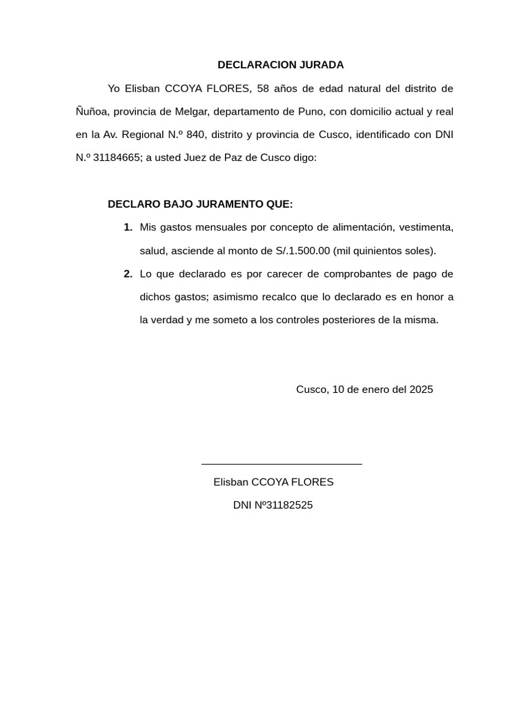 Declaración Jurada de Gastos Mensuales | PDF