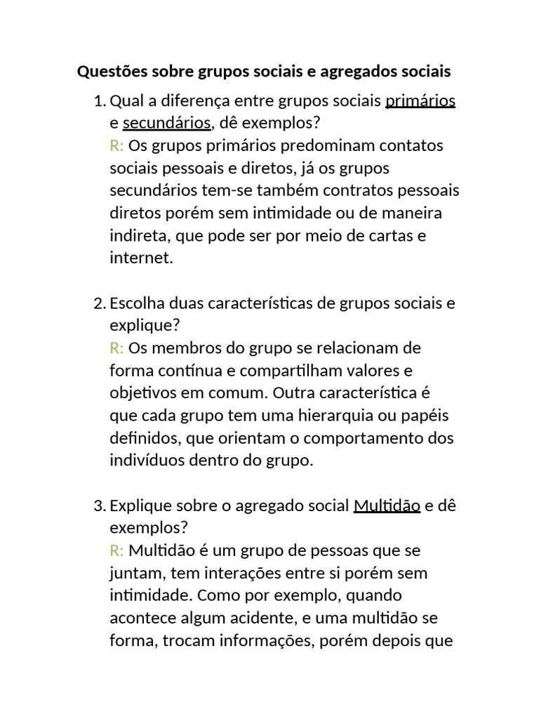 Grupos e Agregados Sociais: Definições e Exemplos | PDF