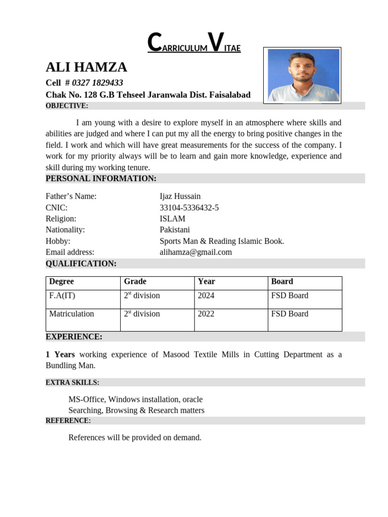 Hamza Electrician CV - Faisalabad | PDF