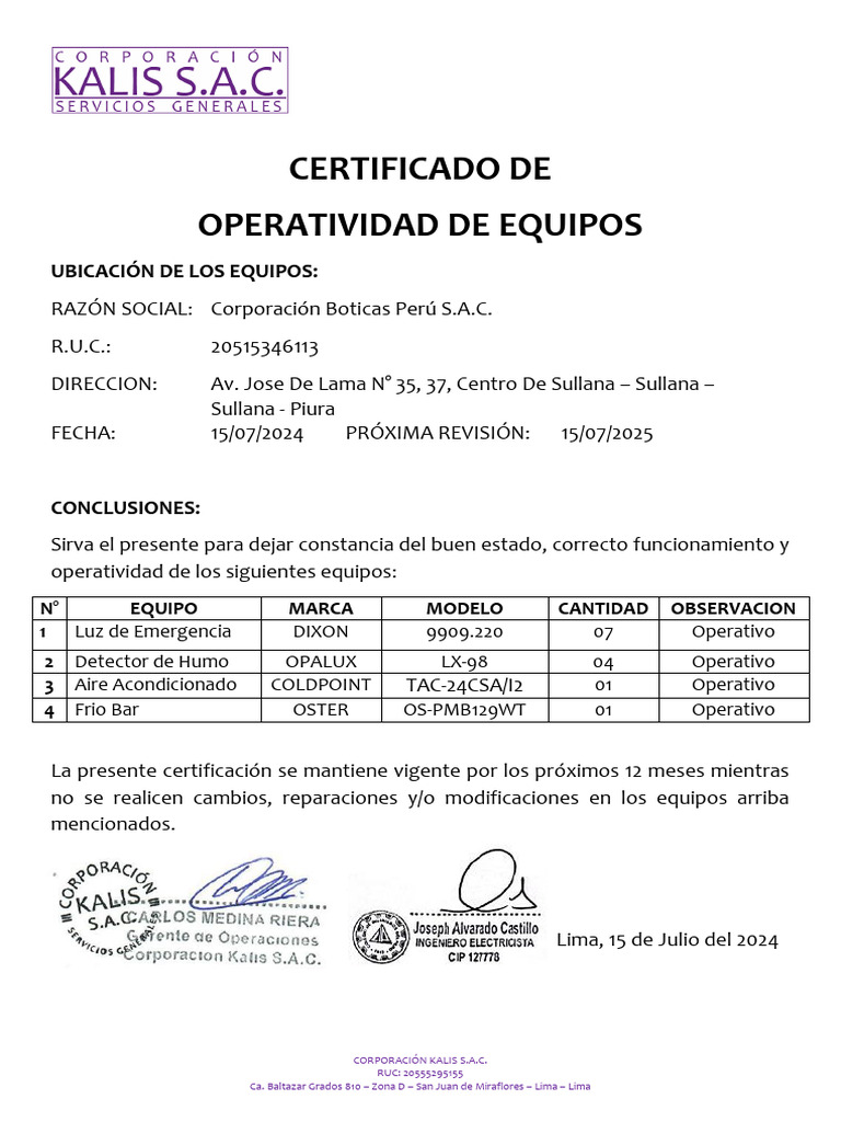 Certificado de Operatividad de Equipos 2024 | PDF