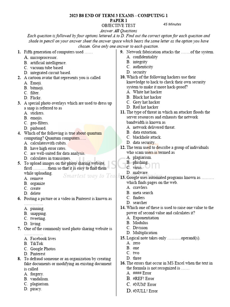 B8 Computing End of Term 3 Exam 2023 | PDF | Barcode | Computing
