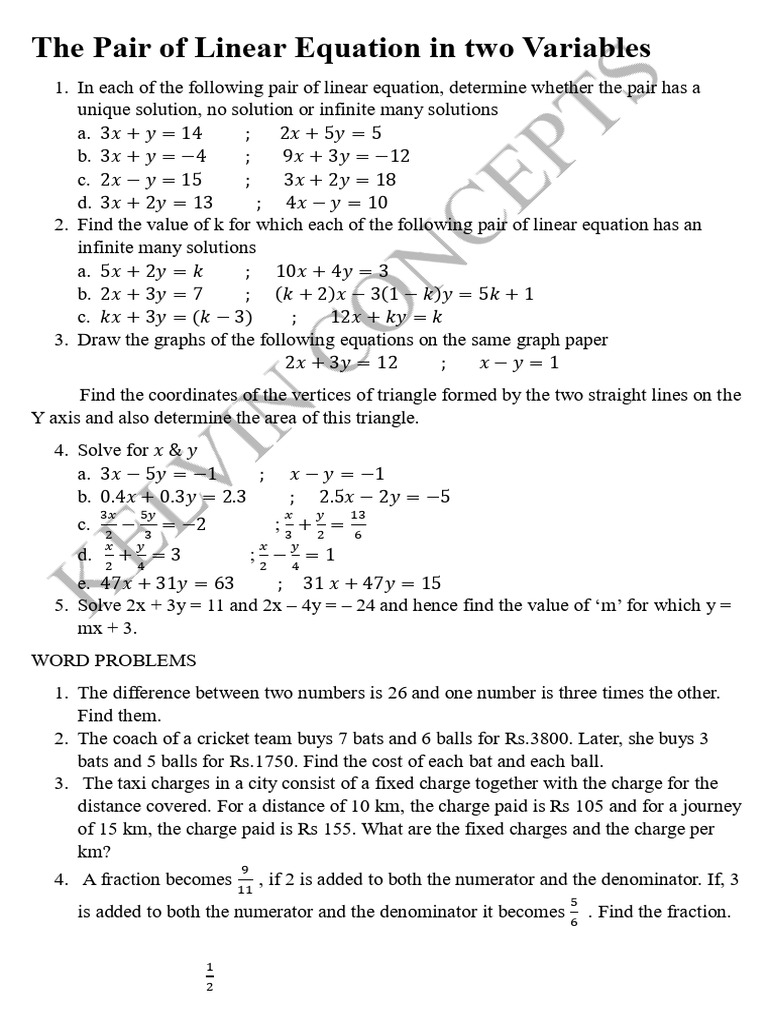The Pair of Linear Equation in Two Variables | PDF | Equations ...