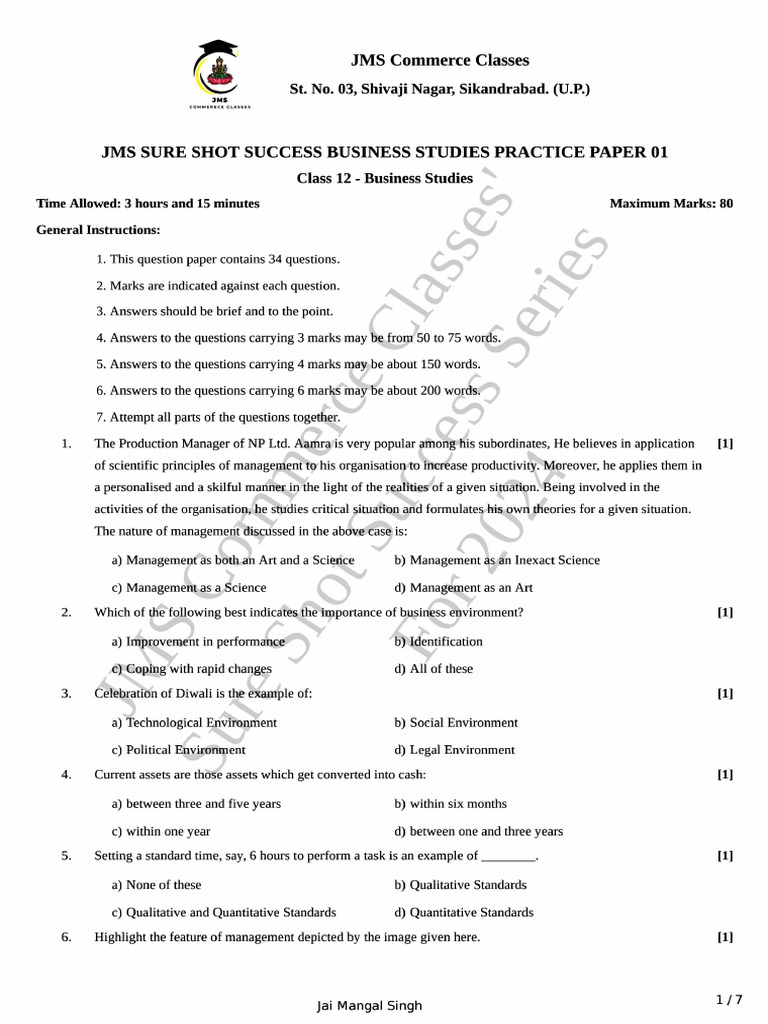 JMS Sure Shot Success Business Studies Practice Paper 01 07-Feb-2024 16 ...