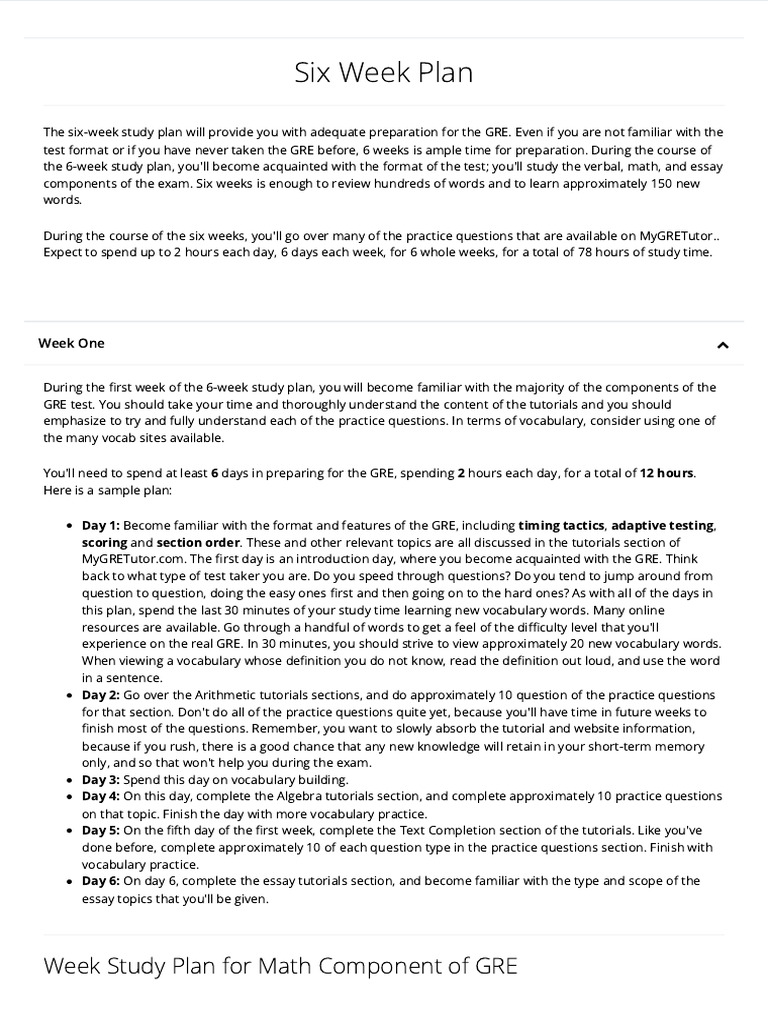 6-Week GRE Study Plan Guide | PDF | Graduate Record Examinations ...