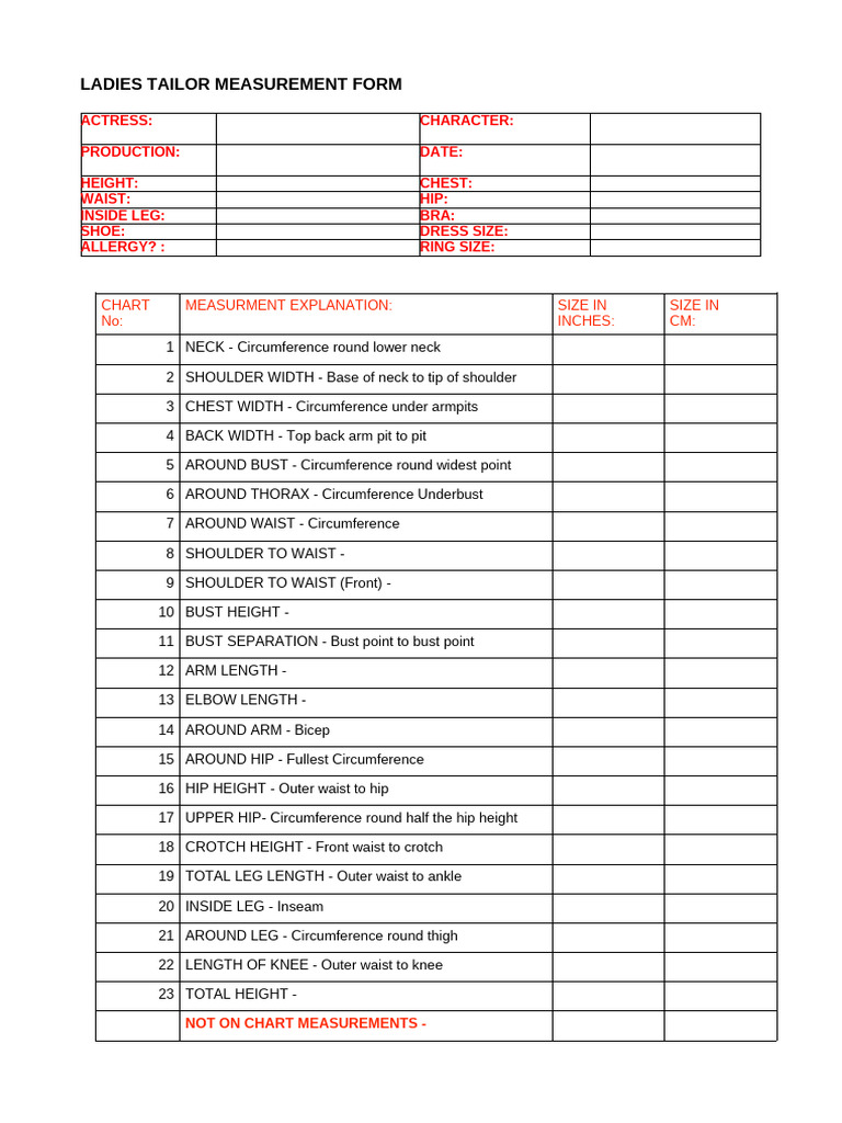 Medidas Femeninas - LADIES MEASURMENT FORM Word | PDF | Waist | Clothing