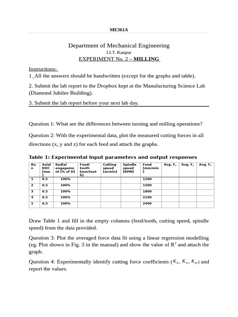 Milling Experiment Lab Report Guidelines | PDF