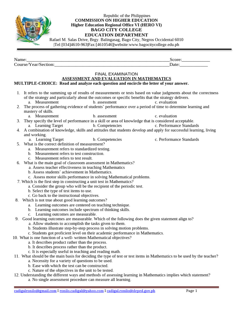 Math Assessment Guide for Students | PDF | Educational Assessment ...