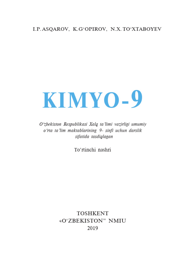 9-Sinf Kimyo Darslik 2019. - Kimyo - Biologiya - Darsliklar | PDF