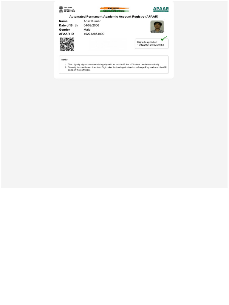 APAAR ID Certificate for Ankit Kumar | PDF