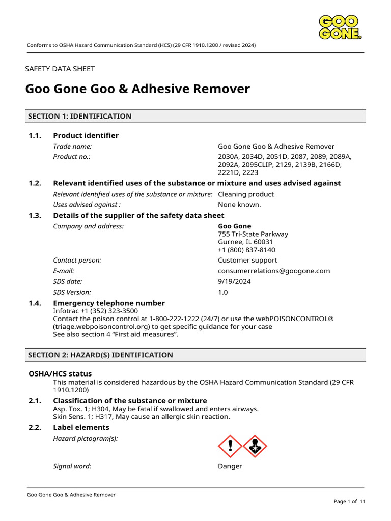 Goo Gone Adhesive Remover Safety Data | PDF | Personal Protective ...