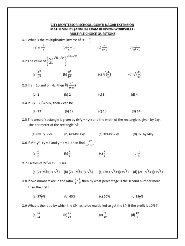 Grade 8 Math Revision Worksheet | PDF | Area | Mean