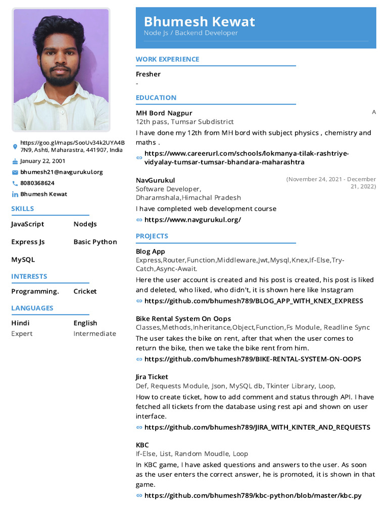 Bhumesh Kewat - Fresher - Resume - Backend Developer | PDF | Software ...