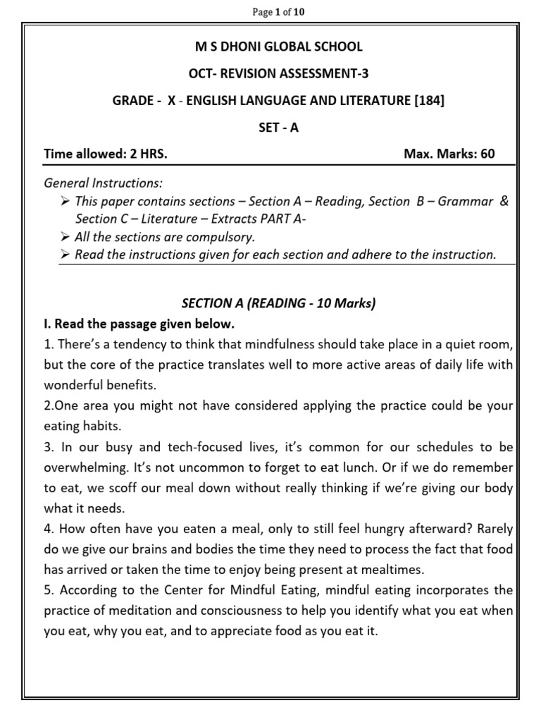 Grade 10 English Exam | PDF | Mindfulness | Awareness