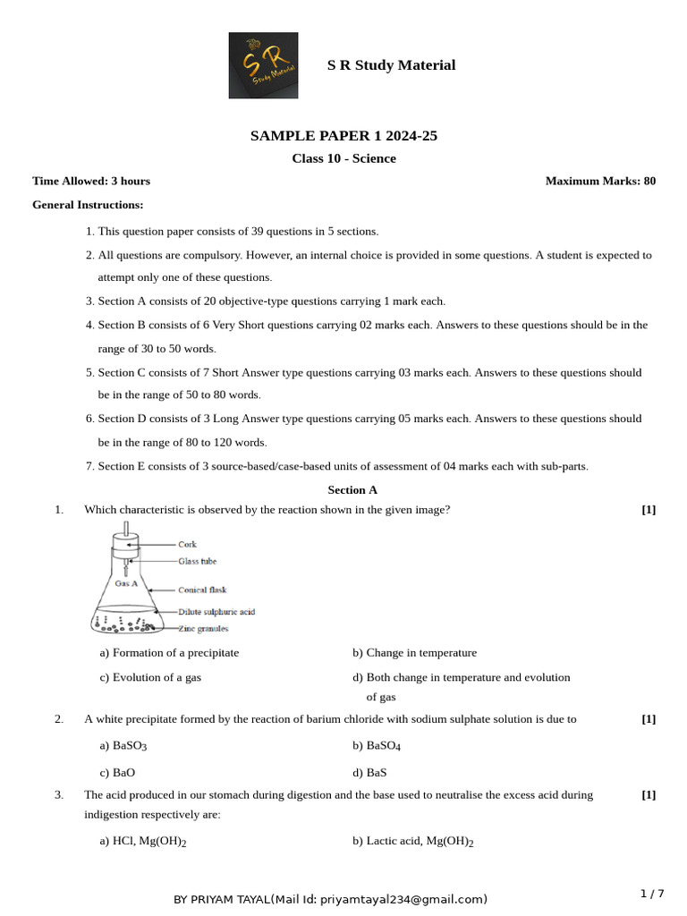 BJF Class 10 Science Sample Paper 2024-25 | PDF | Materials | Chemical ...
