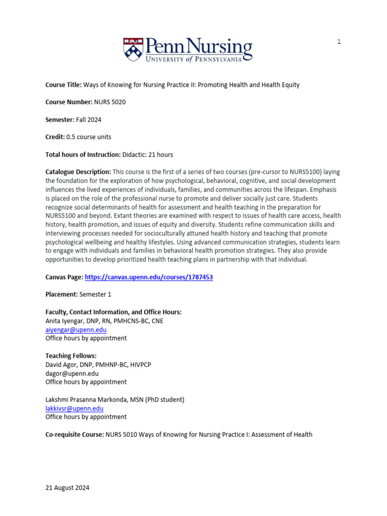 N5020+Syllabus +august+21+2024 | PDF | Identity (Social Science) | Nursing