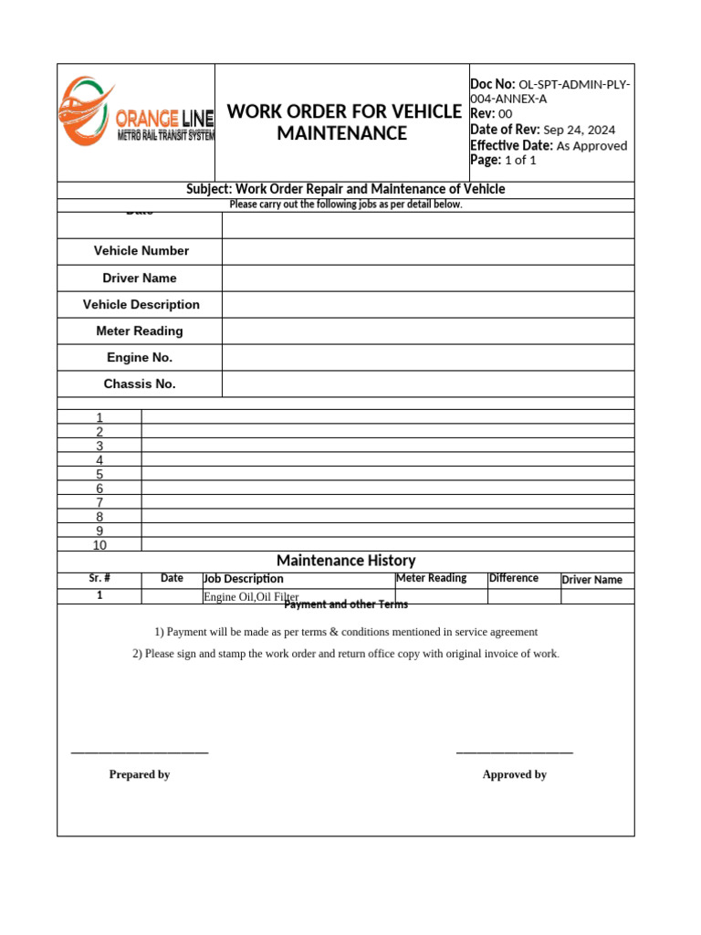 Vehicle Maintenance Work Order Template | PDF | Rapid Transit ...
