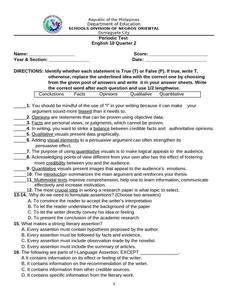 English 10 Quarter 2 Periodic Test | PDF | Cognition | Human Communication