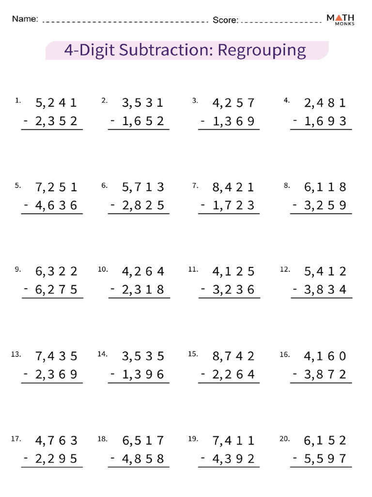 4 Digit Subtraction With Borrowing Worksheet | PDF
