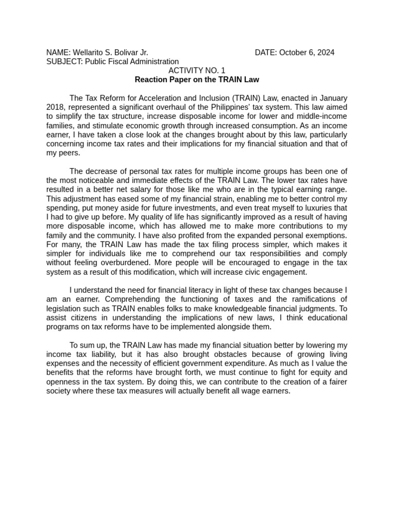 PUBLIC FISCAL ACTIVITY 1 - Wellarito S. Bolivar Jr. | PDF | Taxes | Income