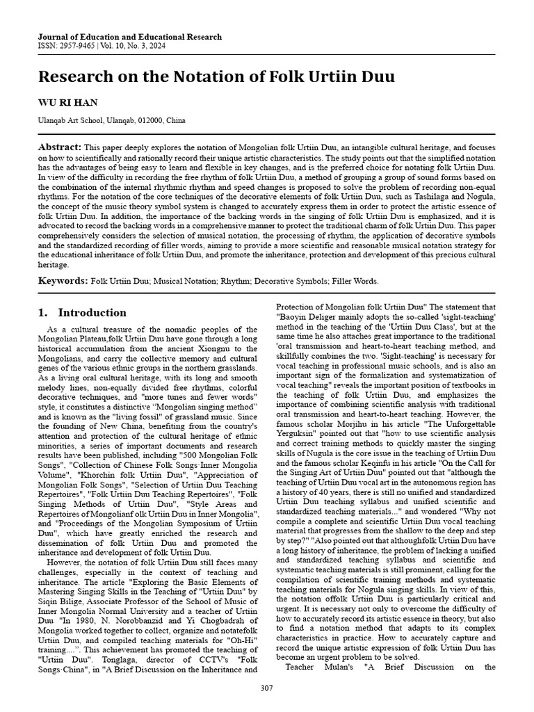 Research on the notation of folk urtiin duu pdf musical notation