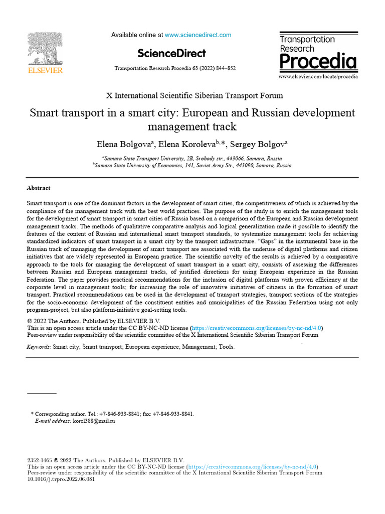 Smart transport in a smart city European and Russian development | PDF ...