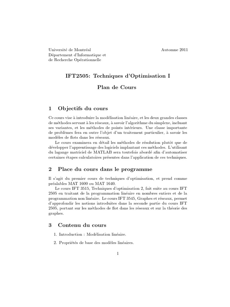 Cours IFT2505 : Techniques d'Optimisation | PDF | Optimisation linéaire ...