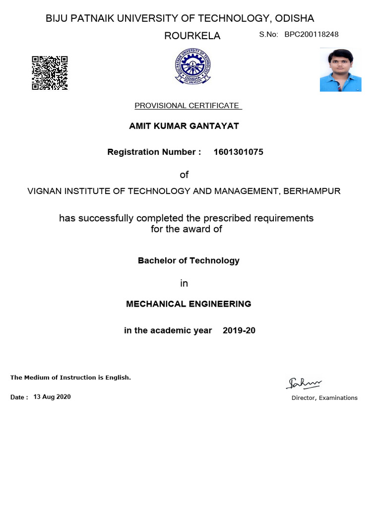 BPUT Provisional Certificate for B.Tech | PDF