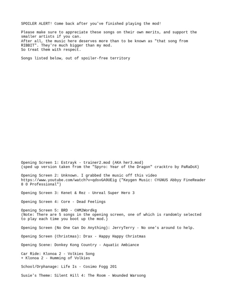 List of music used in mod definitive pdf