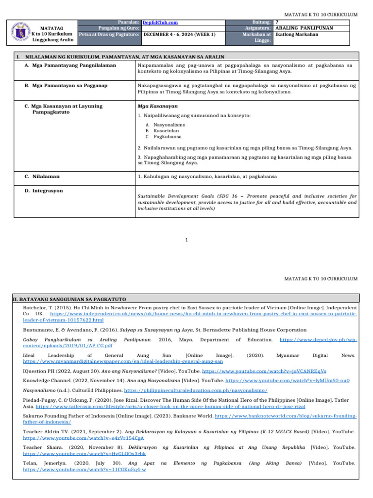 DLL Matatag - Araling Panlipunan 7 Q3 W1 | PDF