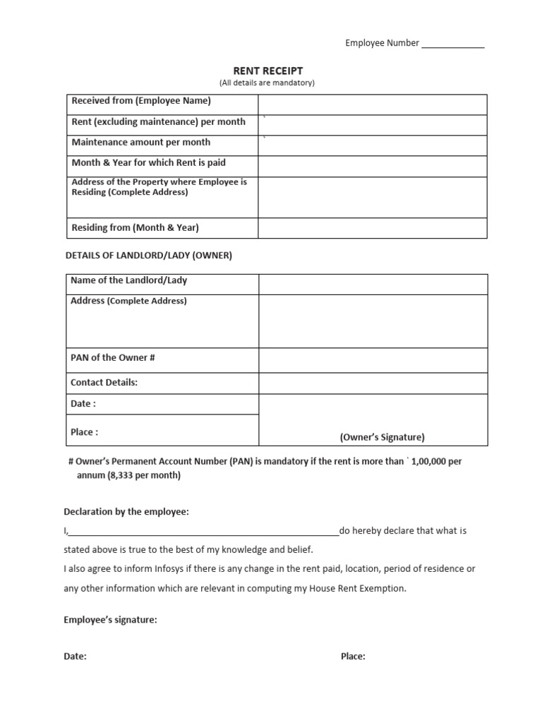 Rent Receipt Template for Employees | PDF