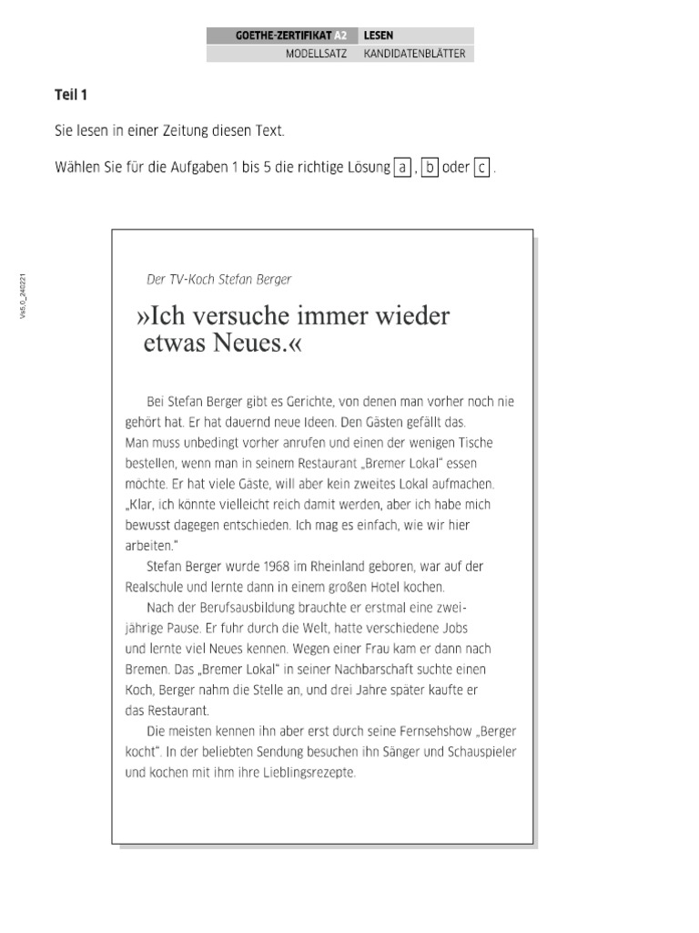 Lesen Modelsatz A2 Teil 1-4 | PDF