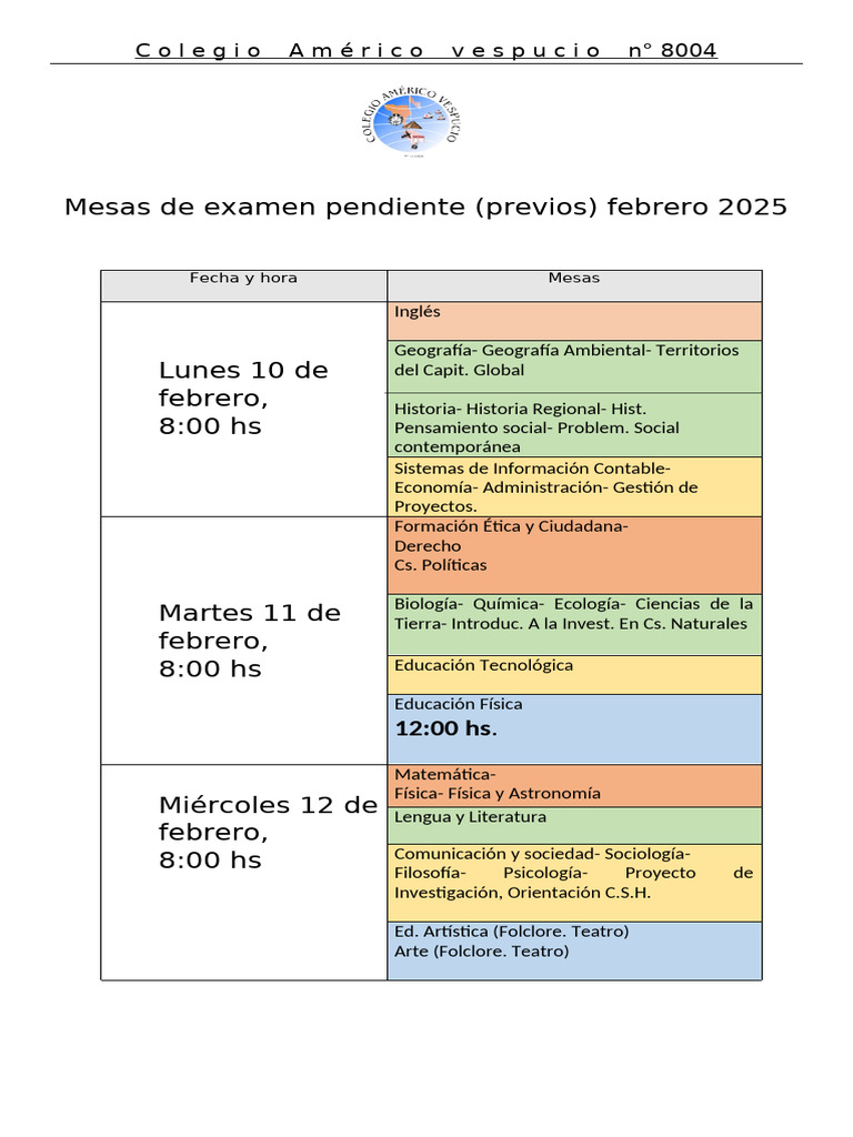 Mesas de Examen Febrero 2025 - Colegio Américo Vespuccio | PDF ...