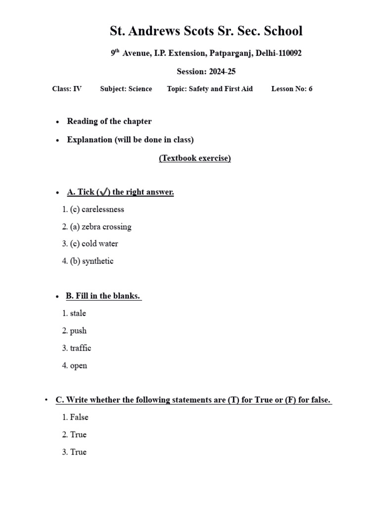 Safety And First Aid For Class 4 Worksheet With Answers Fire Safety