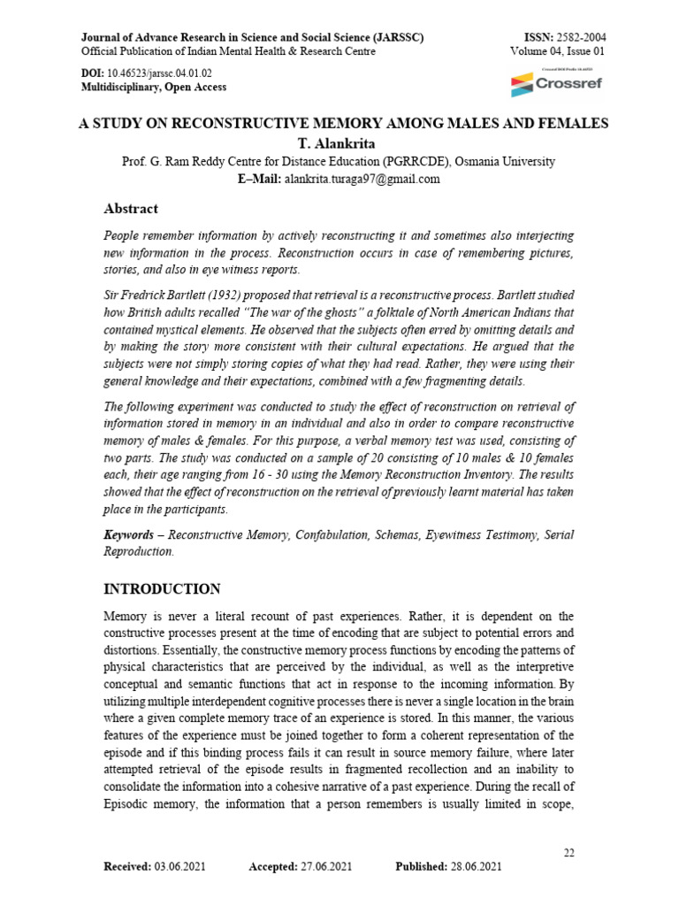 Reconstructive Memory Study: Gender Analysis | PDF | Recall (Memory ...