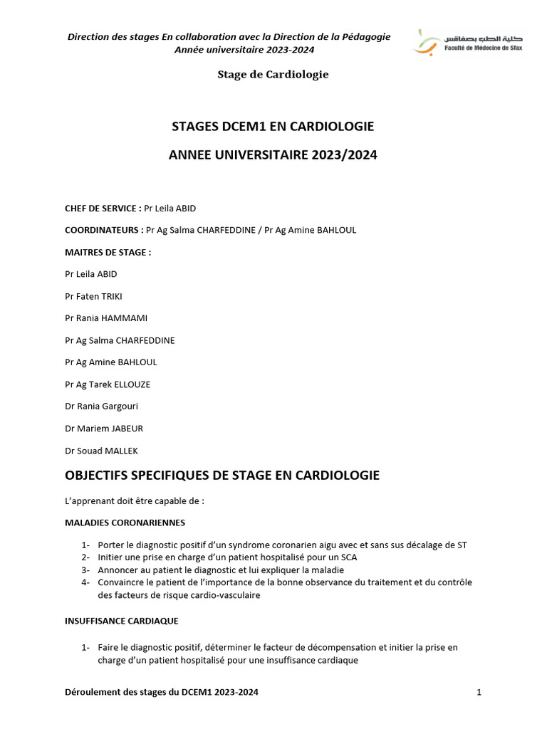 Stages DCEM1 en Cardiologie 2023-2024 | PDF | Hypertension artérielle ...
