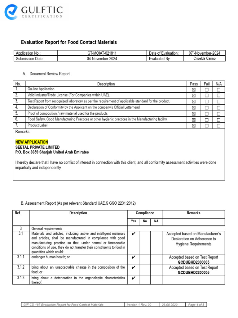 GIF CD 187 Evaluation Report For Food Contact Materials | PDF