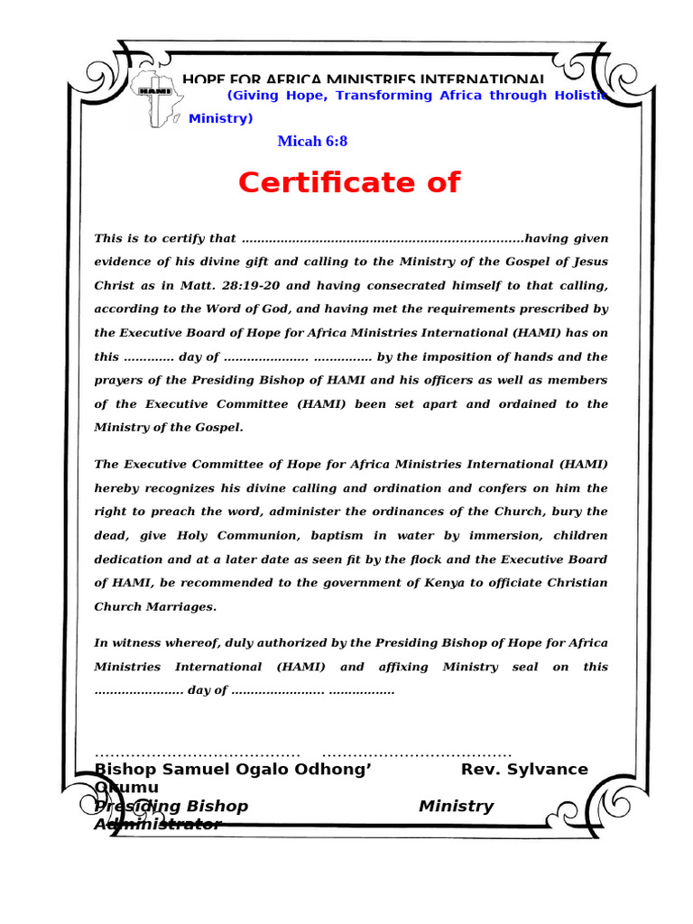 Certificate of Ordination - Blank Certificate 2024 | PDF