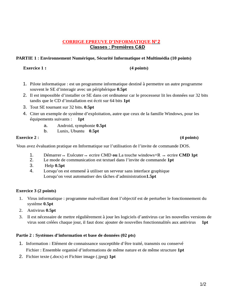 Corrigé Épreuve Informatique 1ère C&D | PDF | Informatique | Interface ...