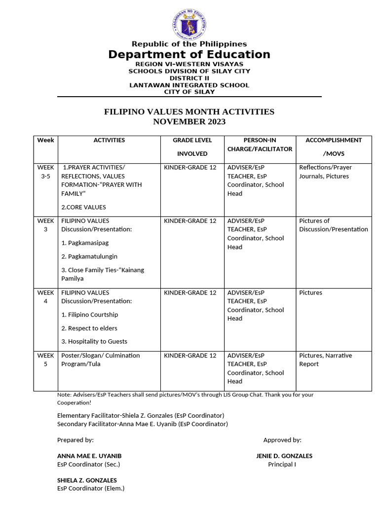 Filipino Values Month Activities. 2023docx | PDF | Philippines