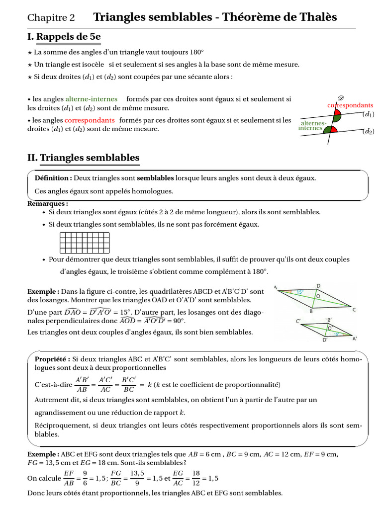 Théorème de Thalès et triangles semblables | PDF | Triangle | Géométrie ...