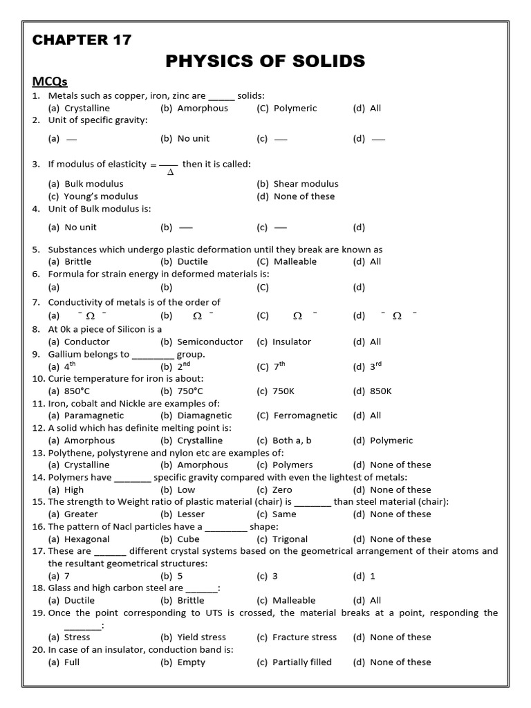 Physics of Solids MCQs and Concepts | PDF | Deformation (Engineering ...