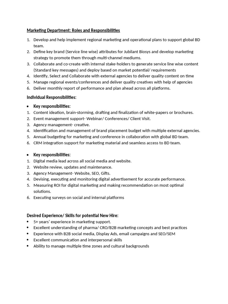 Marketing Department Roles & Responsibilities | PDF