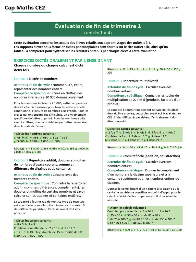Évaluation Maths CE2 : Unités 1 à 4 | PDF | Entier naturel | Notation ...