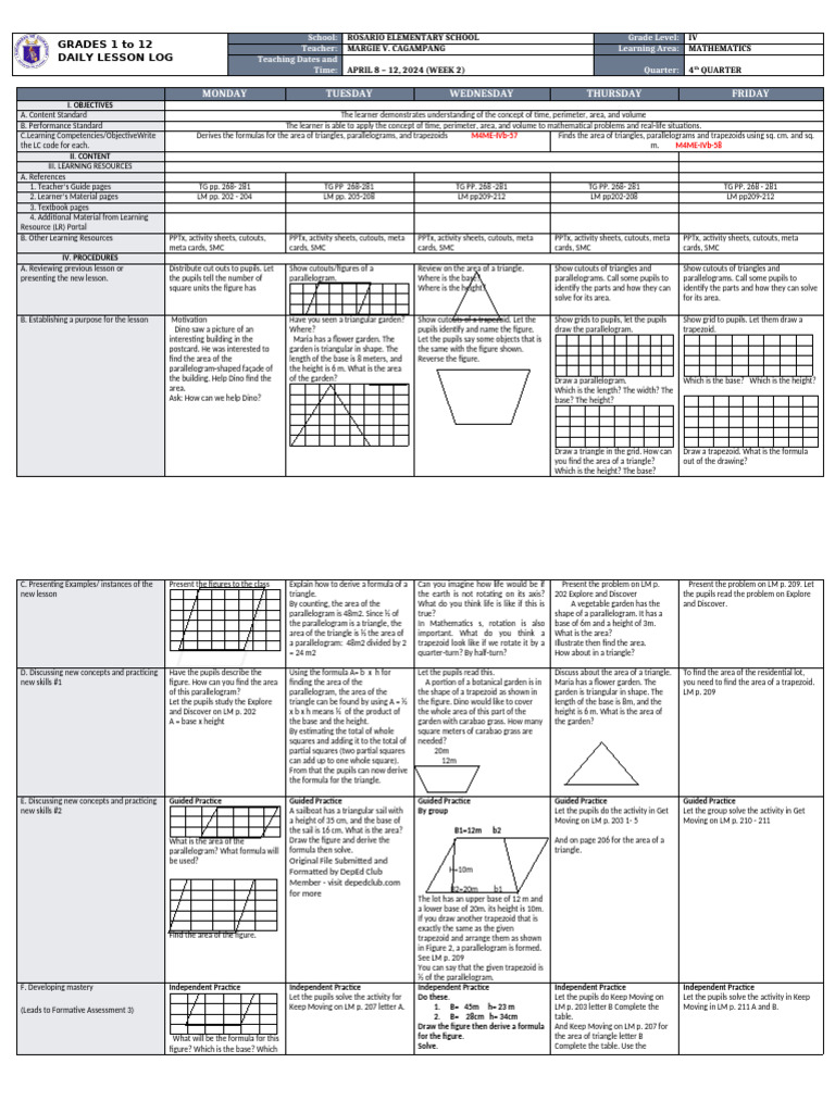 DLL - Mathematics 4 - Q4 - W2123 | PDF | Area | Elementary Geometry