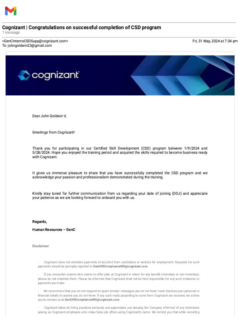 Completion of Cognizant CSD Program | PDF | Email | Computer Mediated ...