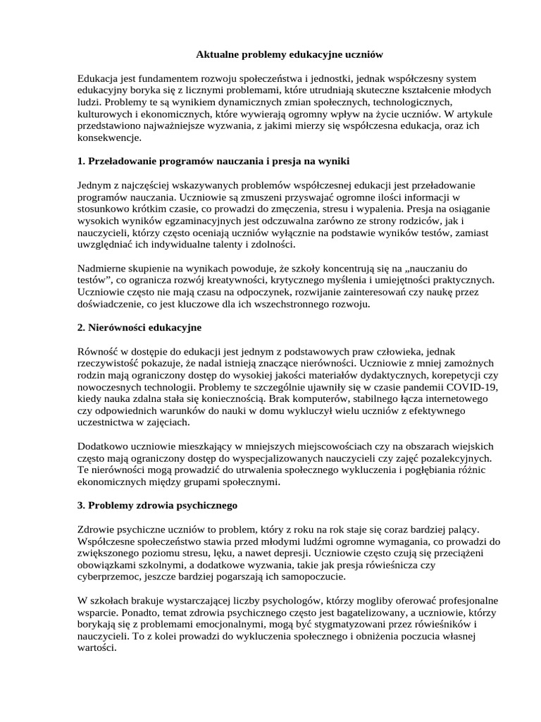 Aktualne Problemy Edukacyjne Uczniów | PDF