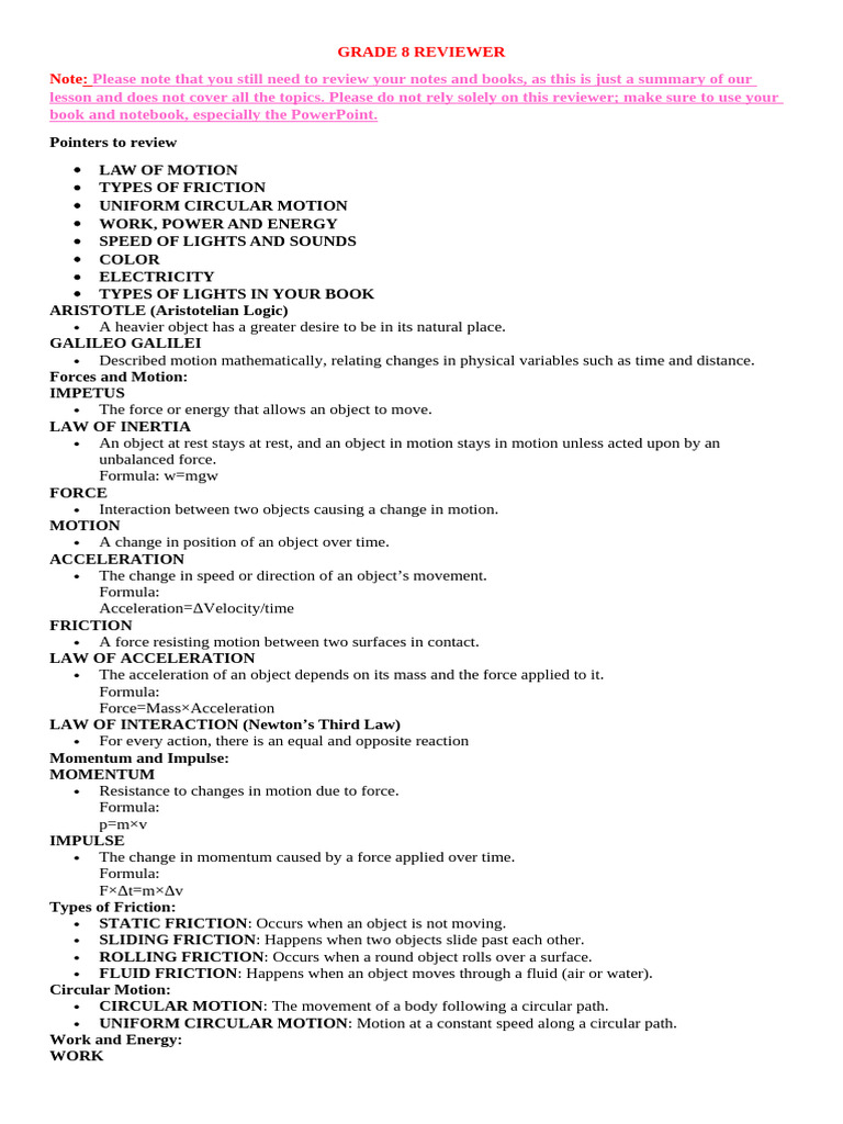 Grade 8 Science Review Summary | PDF | Force | Inertia