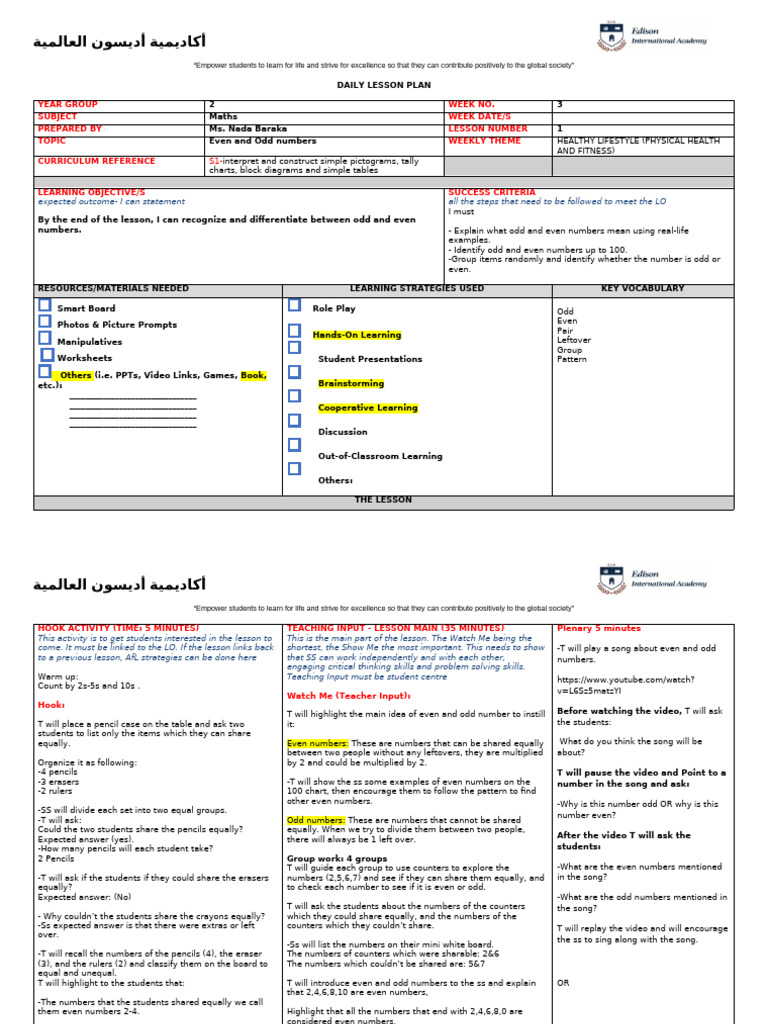 Even and Odd Numbers Lesson Plan | PDF | Lesson Plan | Learning